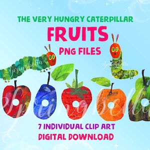 Può includere: Clip art digitale con illustrazioni di frutta e bruchi da "Il piccolo bruco mai sazio". L'immagine include una mela rossa, una prugna blu, una fragola rossa, un'arancia e una pera verde. Il testo include "Fruits" e "PNG Files".
