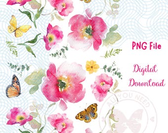 Watercolor Pink Florals and Butterflies Botanical Seamless Pattern Digital Download
