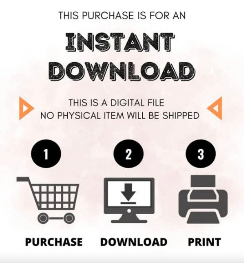 K&ouml;nnte beinhalten: Eine grafische Darstellung, die die Schritte zum Herunterladen einer digitalen Datei zeigt. Die Schritte sind: 1. Kaufen, 2. Herunterladen, 3. Drucken. Die Illustration zeigt einen Einkaufswagen, einen Computer mit einem Download-Pfeil und einen Drucker.