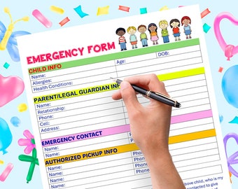 Emergency Contact Form Daycare, School, Childcare,  Digital Download Printable PDF File