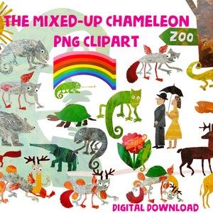 Könnte beinhalten: Ein digitaler Download von 15 bunten Illustrationen mit einem durcheinander geratenen Chamäleon, einem Regenbogen, einem Bären, einem Reh, einer Giraffe, einer Schildkröte, einem Fisch, einem Fuchs, einer Blume, einem Chamäleon mit Flügeln, einem Mann und einer Frau sowie einem Schild mit der Aufschrift "Zoo".