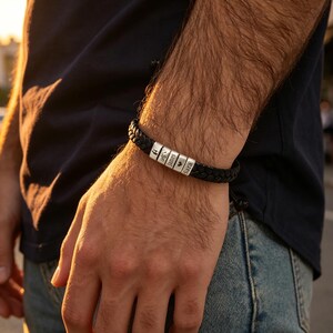 Personalized Men Leather Bracelet, Engraved Name Date Silver Beads, Custom Birthday Jewelry, Adjustable Macrame