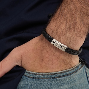 Personalized Men's Leather Bracelet, Custom Engraved Name Beads, Handmade Jewelry