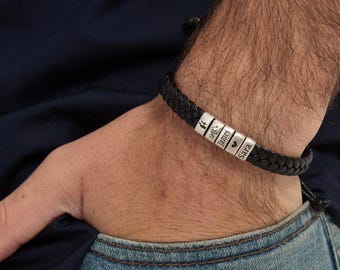 Personalized Men's Leather Bracelet, Custom Engraved Name Beads, Handmade Jewelry