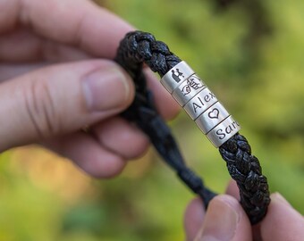 Bracciale In Pelle Da Uomo Personalizzato, Perline In Argento Sterling Con Nome Personalizzato, Fatto A Mano - Italia - Foto 3