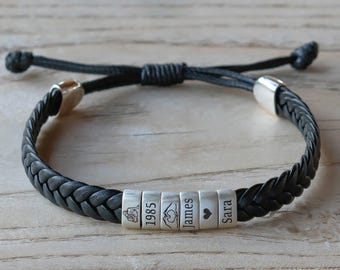 Personalisiertes Herren Lederarmband, verstellbares Paar Armband, Gravur Kid Name Bead Armband, individuelles Geschenk für ihn, Papa, Freund Ehemann