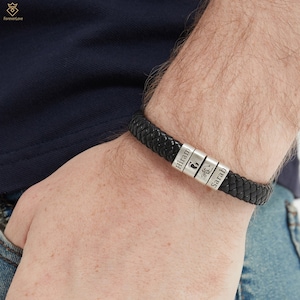 Gepersonaliseerde herenarmband, aangepaste zilveren kralenarmband met kindernaam, handgemaakte leren armband, Vaderdagcadeau voor vader echtgenoot opa