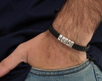 Personalized Mens Leather Bracelet Adjustable Size, Custom Birthday Bracelet, Christmas Father's Day Gift for Him Dad Mom Husband Boyfriend