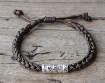 Personalized Leather Name Bracelet: Sterling Silver Beads, Adjustable Braided Band
