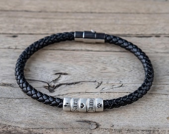 Personalized Leather Men&#39;s Bracelet: Sterling Silver Engraved Name Beads