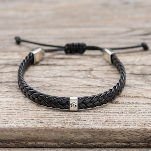Personalized Rakhi Bracelet: Custom Engraved Om Silver Bead , Adjustable Leather Jewelry, Various Colors