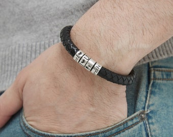 Personalized Mens Leather Bracelet, Custom Beaded Bracelet with Name, Handmade Husband Jewelry, Father's Day Gift for Dad Grandpa Boyfriend