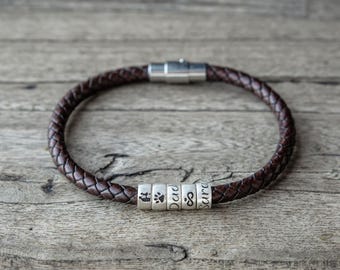 Personalized Leather Bracelet, Engraved Sterling Silver Beads, Custom Name Jewelry