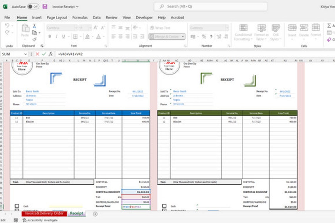 Invoice & Receipt Template With Formulas | Excel Business Spreadsheet ...
