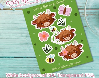 Spring Highland Cow Stickers: Farm Planner, Printable PDF & PNG, Cozy Spring Digital Sticker Sheet