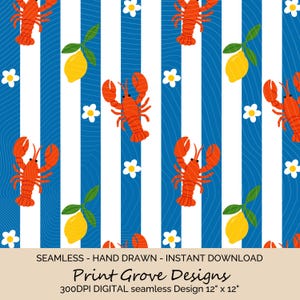 Lobster & Lemon Nautical Pattern: Coastal Summer Design (Digital Download PNG 12&quot;x12&quot;)