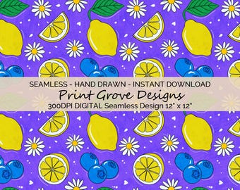 Lemon Blueberry Daisy Seamless Pattern: Purple Citrus Digital Paper Kawaii Fruit Background Summer Clipart for Sublimation & Fabric