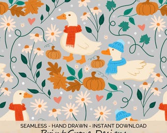 Herbstgans Nahtloses Muster, Herbst Kürbis Blumen Digitalpapier, Cottagecore Entendruck PNG, Kommerzielle Nutzung Sublimationsdesign