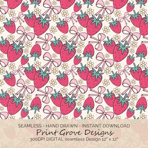 Grandmillenial Strawberry Coquette Seamless Hand Drawn Pattern with Bows & Flowers 12"x12" Instant Download Cottage Core Scrapbook Paper