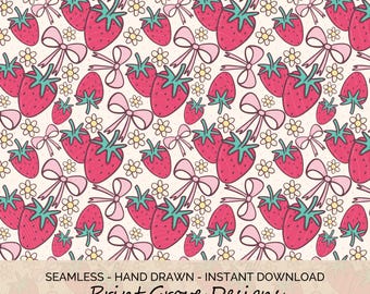 Strawberry Coquette Seamless Muster: Handgezeichnete Schleifen & Blumen (Digitaler Download 30x30cm)