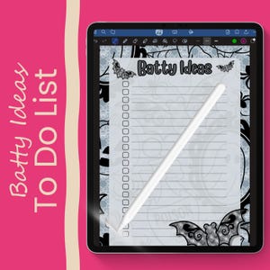 May include: A digital tablet displaying a "Batty Ideas To Do List" design. The list features a gray background with bat illustrations and the word "Poison" at the bottom. A white stylus rests on the list. The tablet is set against a pink background.