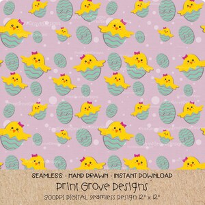 Easter Chick Seamless Pattern | Cute Spring Digital Paper | Baby Chick & Easter Egg Background | 12"x12" 300DPI | Pastel Easter Sublimation