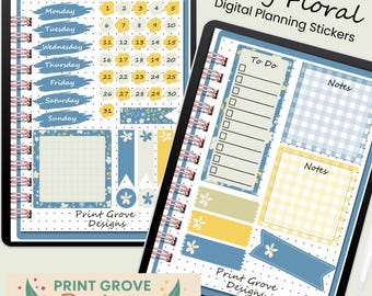 Verspielte Florale Planer Sticker: Goodnotes + PNG (65+ Sticker)