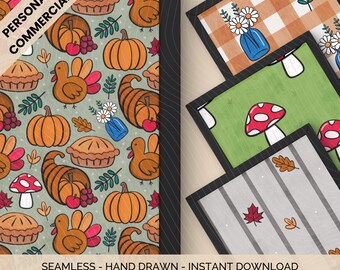 Thanksgiving PNG Digital Paper Bundle: Seamless Autumn Pattern Hand Drawn Scrapbook Backgrounds Fall Themed Decor Designs