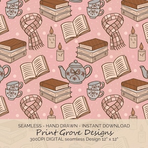 Cozy Books & Tea Seamless Digital Pattern, Hand Drawn Hygge Clipart, Instant Download PNG, Scrapbooking, Fabric, Wallpaper, Planner Stickers