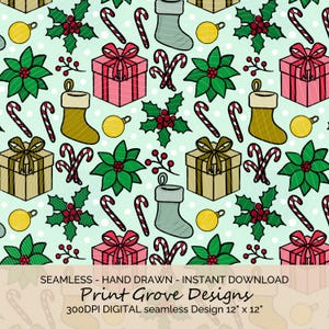 Hand-Drawn Christmas Pattern: Seamless Holiday Digital Paper (12&quot;x12&quot; PNG Download)
