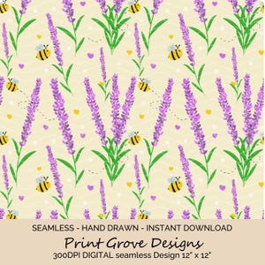 Lavender Bee Seamless Pattern: Floral Spring Digital Paper (PNG)
