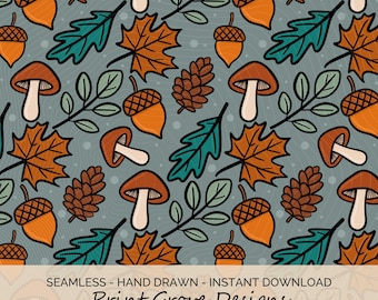 Nahtloses Muster im Herbstwald: Handgezeichnetes Walddesign (Digitaler Download 30x30cm)