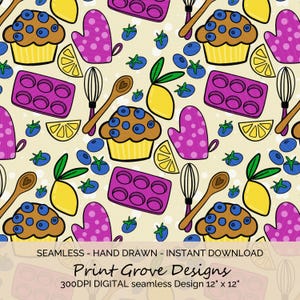 Patrón sin costuras de muffin de arándanos: papel digital de clipart para hornear (12 x 12 PNG)