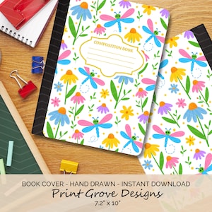 Printable Composition Book Cover: Dragonfly & Floral Design (7.2x10 in Digital Download