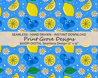 Lemon Blueberry Daisy Seamless Pattern: Purple Citrus Digital Paper Kawaii Fruit Background Summer Clipart for Sublimation & Fabric