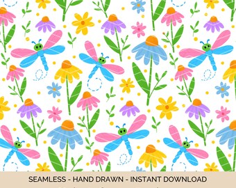 Libelle und Sonnenhut nahtlose Muster: Skurril Natur (Instant Download)