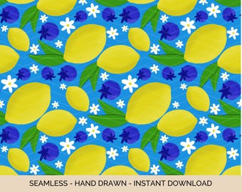 Lemon & Blueberry Seamless Pattern: Bright Summer Digital Paper (12x12" PNG)