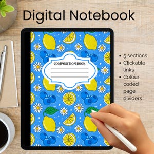 May include: Digital notebook with a blue cover featuring lemons, blueberries, and daisies. The notebook has a white label that says "COMPOSITION BOOK". The screen also displays "5 sections", "Clickable links", and "Colour coded page dividers".