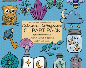 Celestial Cottagecore Clipart Bundle: Handgezeichneter Mond, Sterne, Eule (PNG Digital Download)
