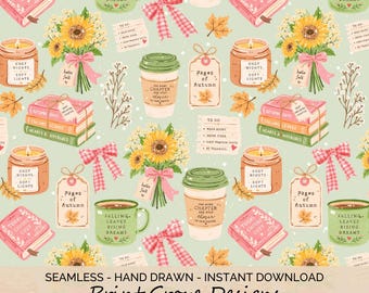 Nahtloses Herbstlesemuster, Gemütliches Herbstbuch-Digitalpapier, Stoffdesign mit Buchmotiven, sich wiederholendes Muster mit Kaffee und Büchern, PNG-Datei zur kommerziellen Nutzung