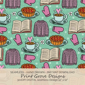 Puede incluir: Patrón sin costuras con ilustraciones dibujadas a mano de un suéter trenzado morado, un libro abierto, pastel, mitones rosas y una taza de café con un corazón. El diseño está sobre un fondo verde azulado con puntos blancos y flores.