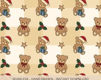 "Weihnachts Teddybär Muster: Hand gezeichnet Urlaub Digitales Papier ""Weihnachtsmütze Bär"" Weihnachten Hintergrund 300DPI 30x30cm."