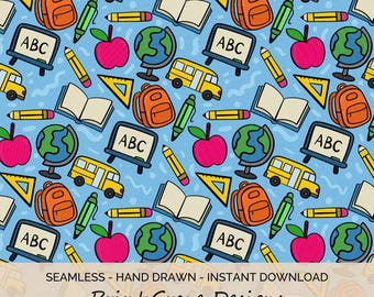 Back to School Muster: Handgezeichnete Schulsachen (Digitaler Download, 12x12 PNG