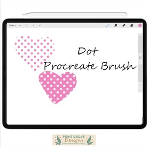 Op de afbeelding: Een digitale illustratie van twee roze harten met witte stippen. De tekst "Dot Procreate Brush" is in zwart onder de harten geschreven.