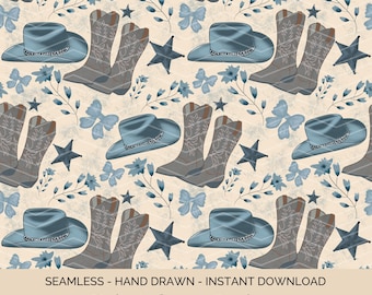 Florales Cowgirl-Digitalpapier: Blaues Band, Stiefel-Muster (PNG)
