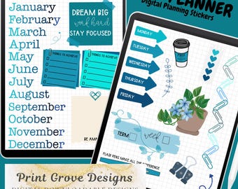 May include: Blue digital planner stickers with a blue and white color scheme. The stickers include a calendar, a to-do list, a weekly planner, a plant, a coffee cup, and paper clips. The text "DREAM BIG work hard STAY FOCUSED" is on a blue sticker. The text "FLAIR PENS MAKE ALL THE DIFFERENCE" is on a blue sticker.
