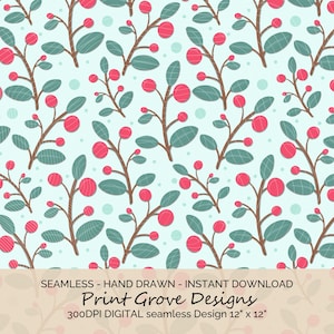 Berry Branch Digital Paper: Hand-Drawn Winter Botanical Pattern (12&quot;x12&quot; PNG)