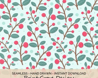 Beerenzweig Digitales Papier: Handgezeichnetes winterliches botanisches Muster (12 "x12" PNG)