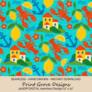Mediterranean Summer Seamless Pattern | Lobsters, Lemons & Coastal Village | Hand-Drawn Digital Download – 12&quot;x12&quot;