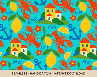 Padrão sem emendas de verão mediterrâneo | Lagostas, limões e vila costeira | Download digital desenhado à mão – 30,5 cm x 30,5 cm